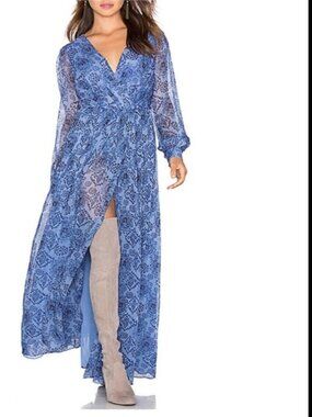Majorelle Taos Wrap Front High Slit Maxi Dress Small Vneck Aztec Print Pleated